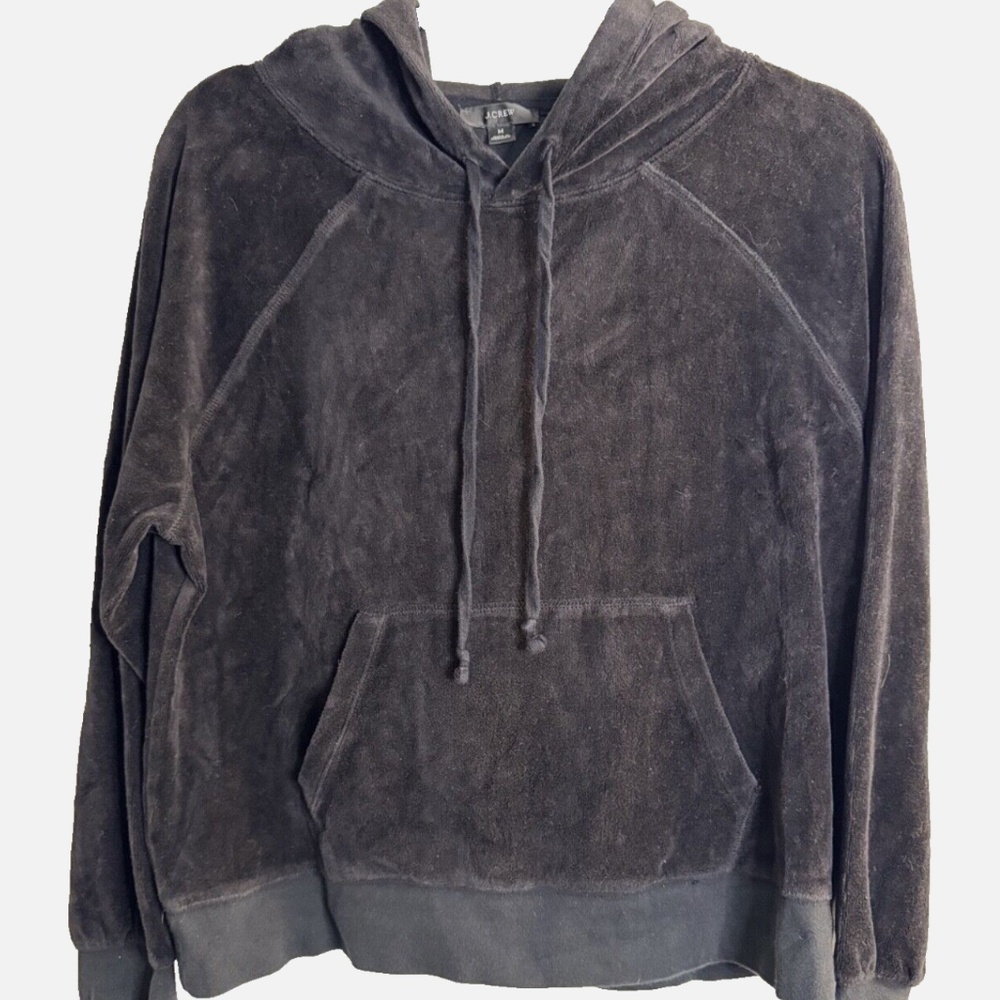 J Crew Black Soft Cotton Blend Fuzzy Womens Hooded Sweater Hoodie Size M Medium